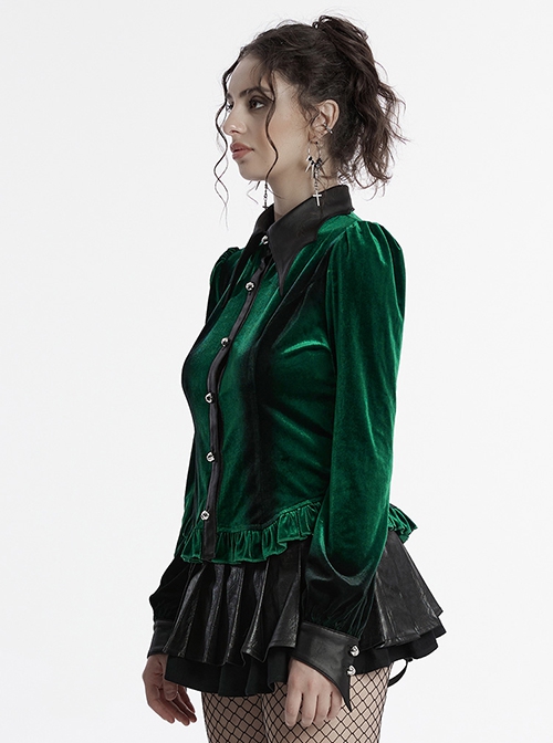 Retro Elegant Green Gradient Print Unique Bat Collar Ruffle Design Gothic Style Long Sleeves Shirt