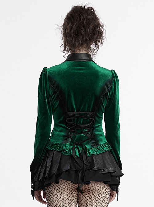 Retro Elegant Green Gradient Print Unique Bat Collar Ruffle Design Gothic Style Long Sleeves Shirt
