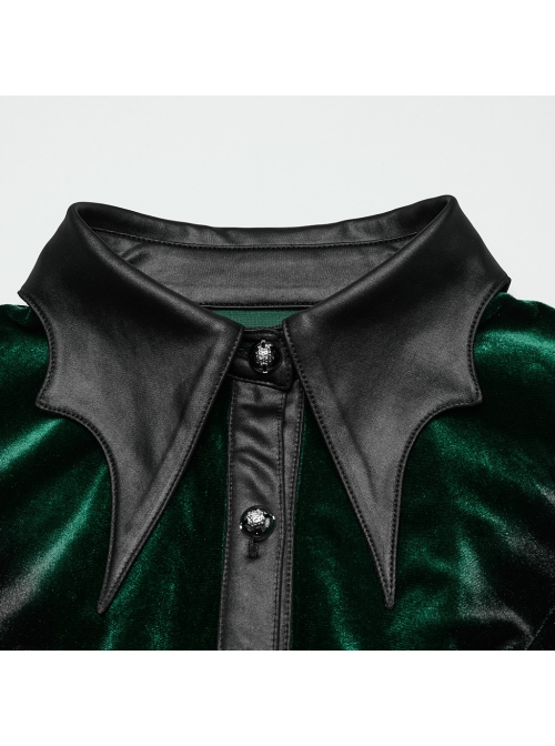 Retro Elegant Green Gradient Print Unique Bat Collar Ruffle Design Gothic Style Long Sleeves Shirt