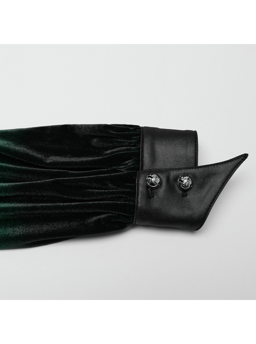 Retro Elegant Green Gradient Print Unique Bat Collar Ruffle Design Gothic Style Long Sleeves Shirt