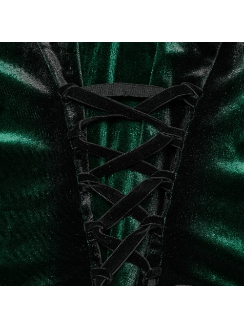 Retro Elegant Green Gradient Print Unique Bat Collar Ruffle Design Gothic Style Long Sleeves Shirt