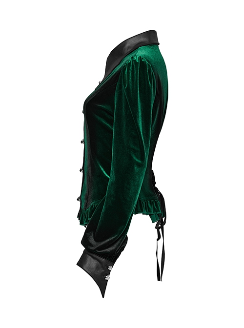 Retro Elegant Green Gradient Print Unique Bat Collar Ruffle Design Gothic Style Long Sleeves Shirt