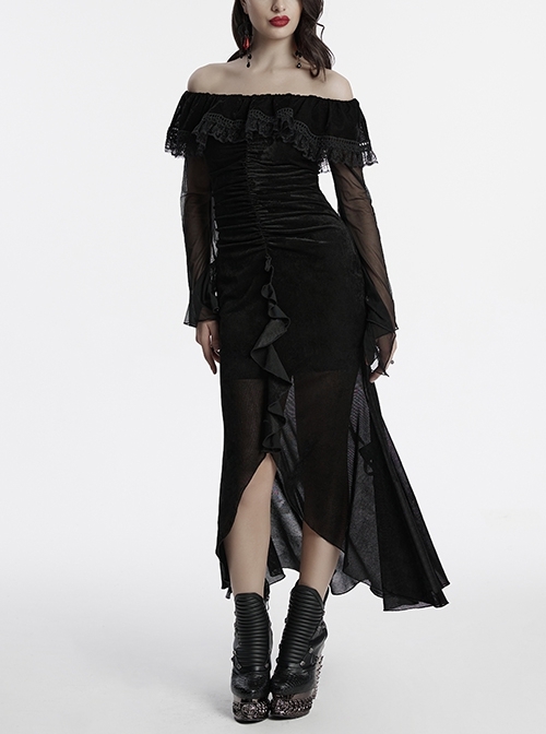 Sexy Black Elegant One Shoulder Retro Lace Mesh Stitching Luxury Velvet Gothic Style Long Sleeves Dress