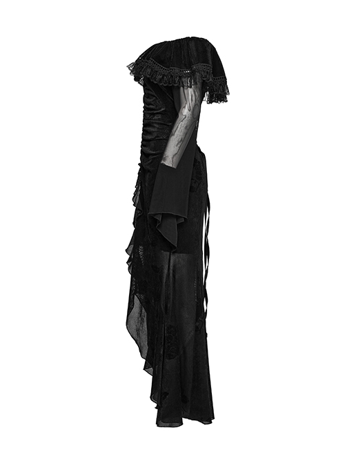 Sexy Black Elegant One Shoulder Retro Lace Mesh Stitching Luxury Velvet Gothic Style Long Sleeves Dress
