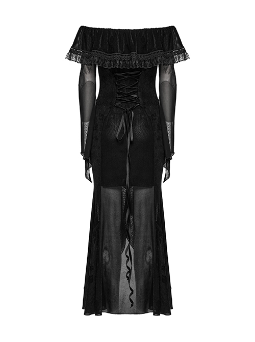 Sexy Black Elegant One Shoulder Retro Lace Mesh Stitching Luxury Velvet Gothic Style Long Sleeves Dress