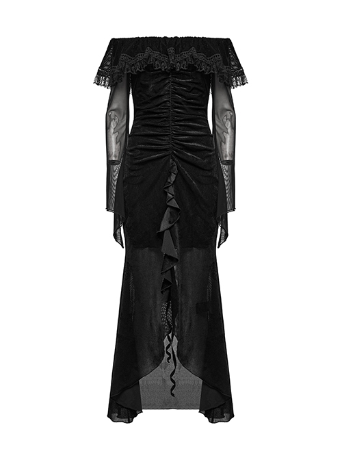 Sexy Black Elegant One Shoulder Retro Lace Mesh Stitching Luxury Velvet Gothic Style Long Sleeves Dress