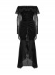 Sexy Black Elegant One Shoulder Retro Lace Mesh Stitching Luxury Velvet Gothic Style Long Sleeves Dress