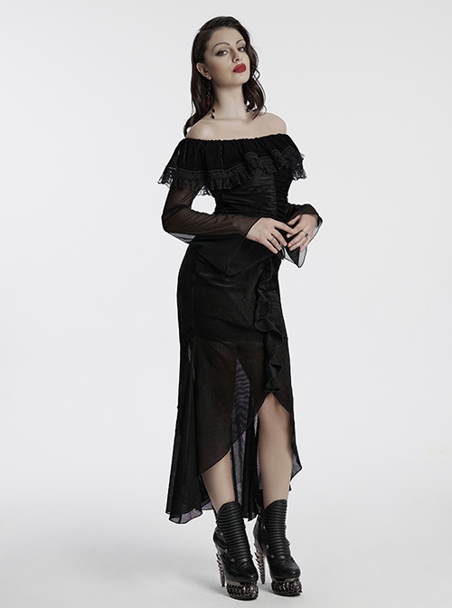 Sexy Black Elegant One Shoulder Retro Lace Mesh Stitching Luxury Velvet Gothic Style Long Sleeves Dress