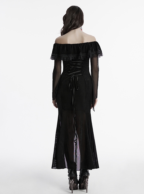 Sexy Black Elegant One Shoulder Retro Lace Mesh Stitching Luxury Velvet Gothic Style Long Sleeves Dress