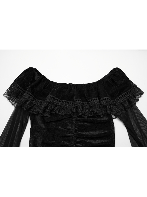 Sexy Black Elegant One Shoulder Retro Lace Mesh Stitching Luxury Velvet Gothic Style Long Sleeves Dress