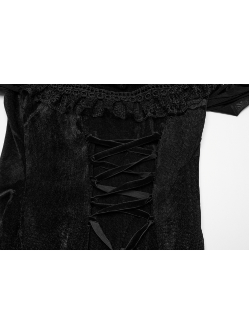 Sexy Black Elegant One Shoulder Retro Lace Mesh Stitching Luxury Velvet Gothic Style Long Sleeves Dress