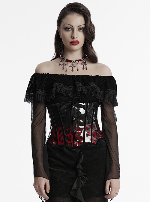 Personalized Black Red Gradient Unique Bat Wing Shape Hem Cool Leopard Print Gothic Style Tight Corset