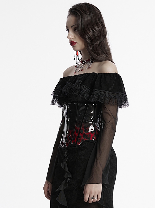 Personalized Black Red Gradient Unique Bat Wing Shape Hem Cool Leopard Print Gothic Style Tight Corset