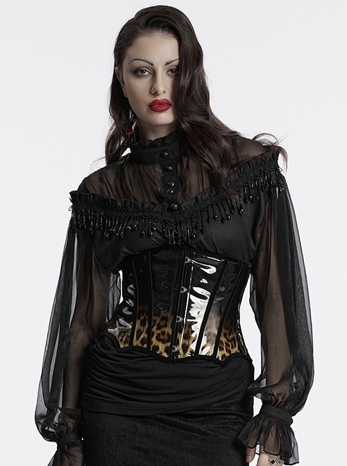 Unique Black Brown Gradient Handsome Leopard Pattern Bat Wing Shape Hem Gothic Style Tight Corset