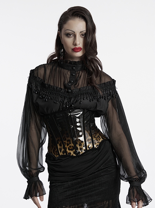 Unique Black Brown Gradient Handsome Leopard Pattern Bat Wing Shape Hem Gothic Style Tight Corset