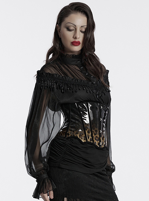 Unique Black Brown Gradient Handsome Leopard Pattern Bat Wing Shape Hem Gothic Style Tight Corset