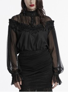 Sexy Black See-Through Loose Fit Tassel Crystal Pendant Lace Decoration Gothic Style Long Sleeves Shirt