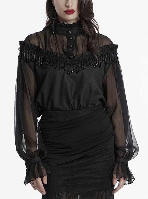 Sexy Black See-Through Loose Fit Tassel Crystal Pendant Lace Decoration Gothic Style Long Sleeves Shirt