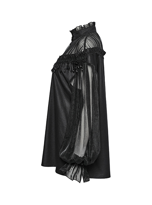 Sexy Black See-Through Loose Fit Tassel Crystal Pendant Lace Decoration Gothic Style Long Sleeves Shirt