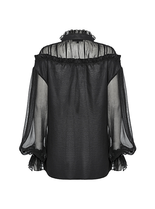 Sexy Black See-Through Loose Fit Tassel Crystal Pendant Lace Decoration Gothic Style Long Sleeves Shirt