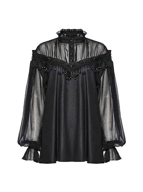 Sexy Black See-Through Loose Fit Tassel Crystal Pendant Lace Decoration Gothic Style Long Sleeves Shirt