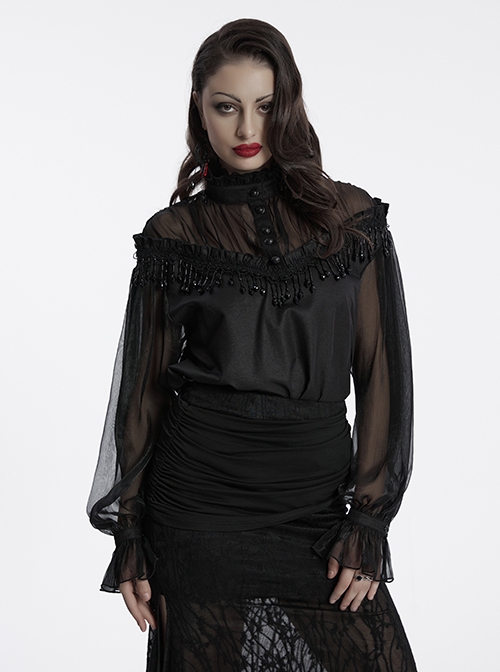Sexy Black See-Through Loose Fit Tassel Crystal Pendant Lace Decoration Gothic Style Long Sleeves Shirt