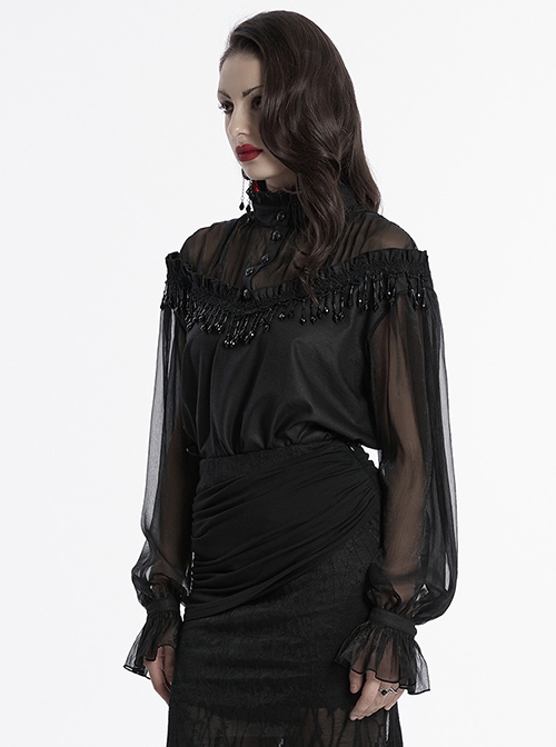 Sexy Black See-Through Loose Fit Tassel Crystal Pendant Lace Decoration Gothic Style Long Sleeves Shirt