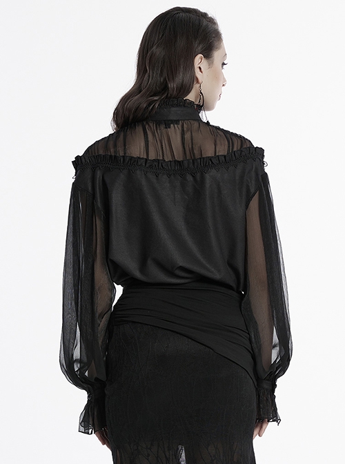 Sexy Black See-Through Loose Fit Tassel Crystal Pendant Lace Decoration Gothic Style Long Sleeves Shirt