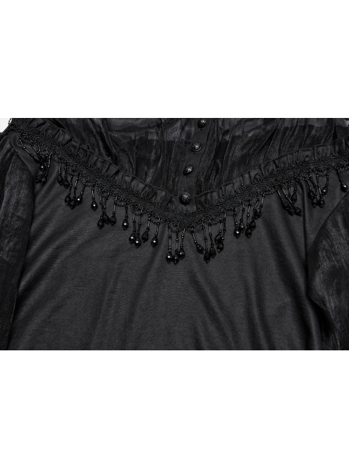 Sexy Black See-Through Loose Fit Tassel Crystal Pendant Lace Decoration Gothic Style Long Sleeves Shirt