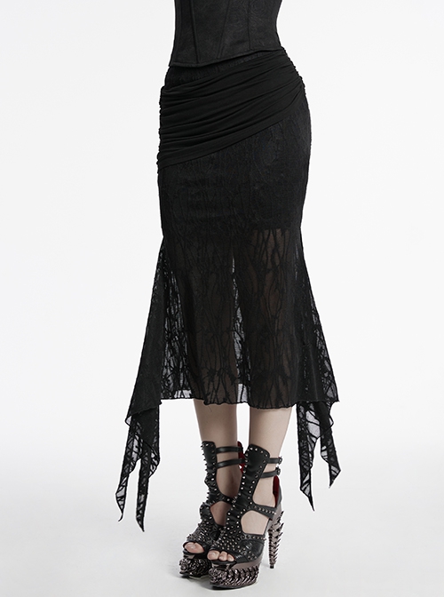 Black Elegant Slim Sexy Spider Web Mesh Splicing Side Slit Design Punk Style Fishtail Skirt