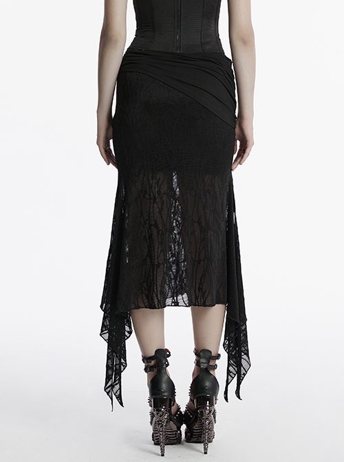 Black Elegant Slim Sexy Spider Web Mesh Splicing Side Slit Design Punk Style Fishtail Skirt