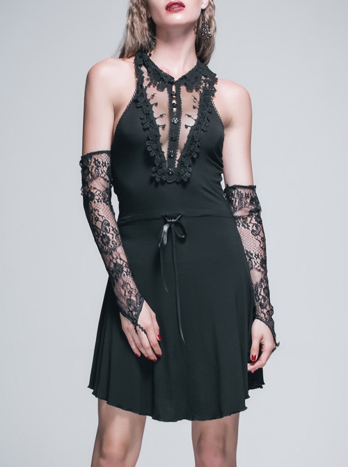 Lace Collar Off-Shoulder Rose Button Back Lace-Up Black Gothic Knitted Dress