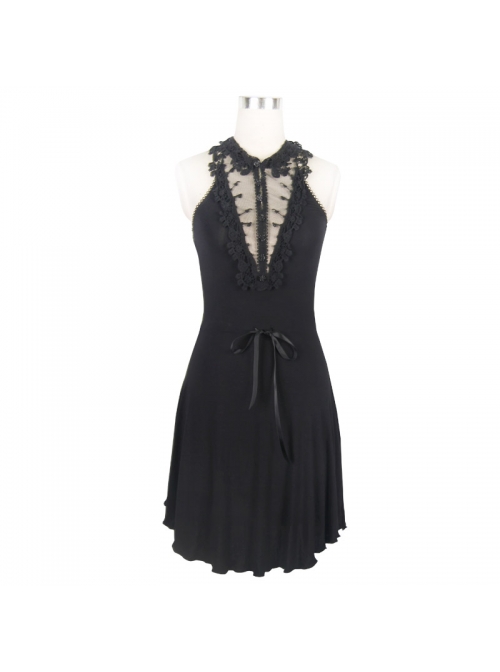 Lace Collar Off-Shoulder Rose Button Back Lace-Up Black Gothic Knitted Dress