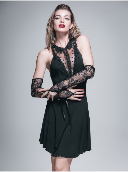 Lace Collar Off-Shoulder Rose Button Back Lace-Up Black Gothic Knitted Dress