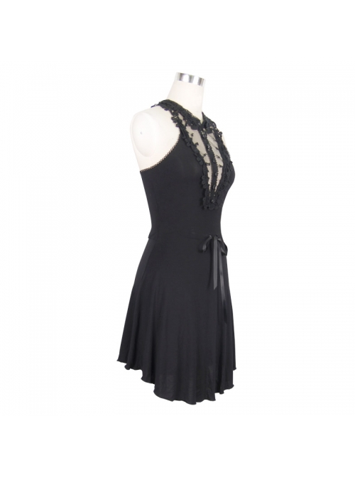 Lace Collar Off-Shoulder Rose Button Back Lace-Up Black Gothic Knitted Dress