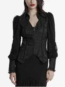 Black Retro Exquisite Jacquard Pattern Sexy V Neck Lace Patchwork Design Gothic Style Lantern Sleeves Shirt
