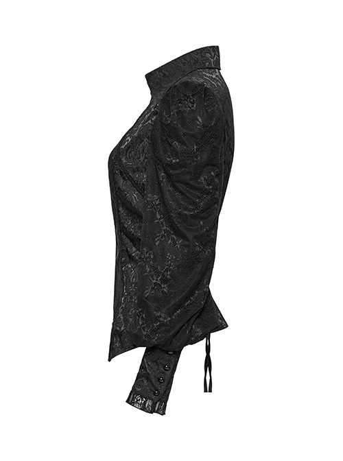 Black Retro Exquisite Jacquard Pattern Sexy V Neck Lace Patchwork Design Gothic Style Lantern Sleeves Shirt