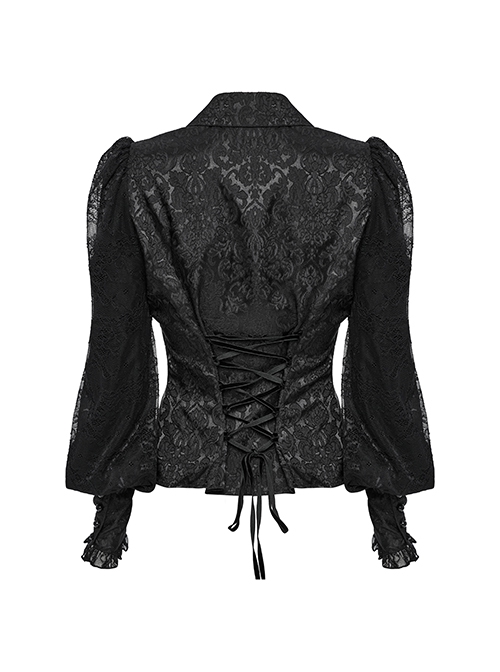 Black Retro Exquisite Jacquard Pattern Sexy V Neck Lace Patchwork Design Gothic Style Lantern Sleeves Shirt