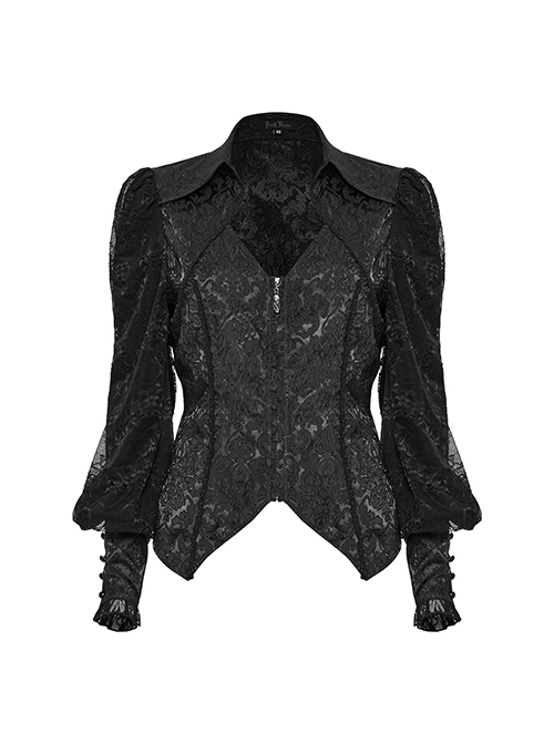 Black Retro Exquisite Jacquard Pattern Sexy V Neck Lace Patchwork Design Gothic Style Lantern Sleeves Shirt