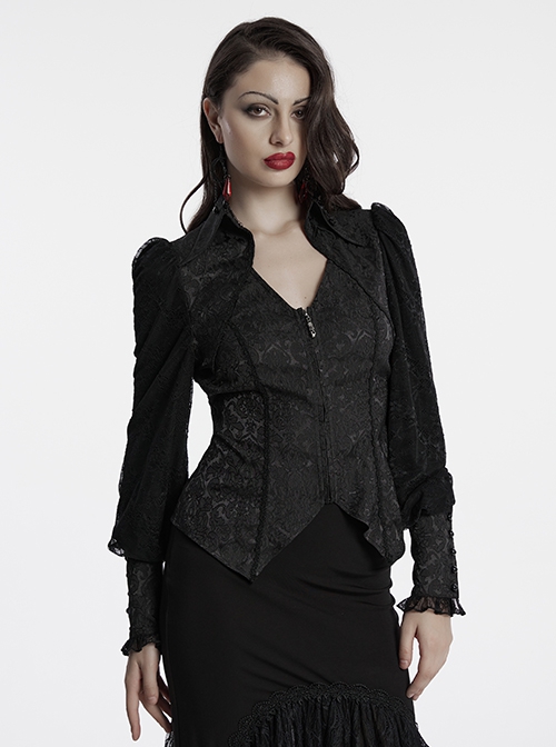 Black Retro Exquisite Jacquard Pattern Sexy V Neck Lace Patchwork Design Gothic Style Lantern Sleeves Shirt