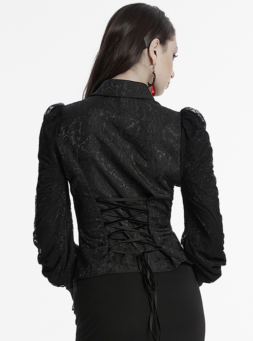 Black Retro Exquisite Jacquard Pattern Sexy V Neck Lace Patchwork Design Gothic Style Lantern Sleeves Shirt