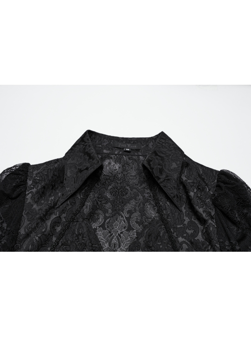 Black Retro Exquisite Jacquard Pattern Sexy V Neck Lace Patchwork Design Gothic Style Lantern Sleeves Shirt