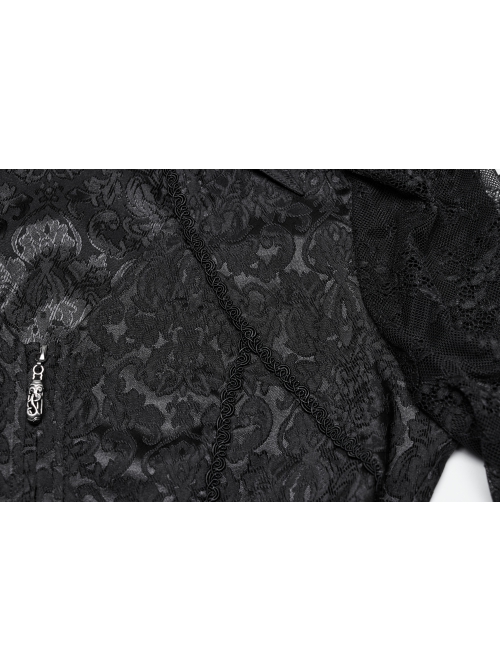 Black Retro Exquisite Jacquard Pattern Sexy V Neck Lace Patchwork Design Gothic Style Lantern Sleeves Shirt