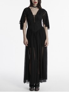 Black Elegant Sexy Deep V Neck Back Drawstring Design Retro Wave Sleeves Gothic Style Dress