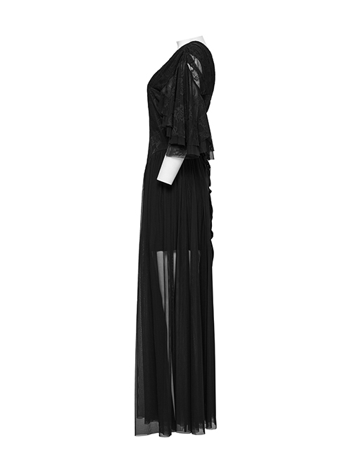 Black Elegant Sexy Deep V Neck Back Drawstring Design Retro Wave Sleeves Gothic Style Dress