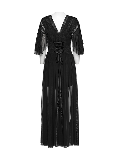 Black Elegant Sexy Deep V Neck Back Drawstring Design Retro Wave Sleeves Gothic Style Dress