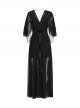Black Elegant Sexy Deep V Neck Back Drawstring Design Retro Wave Sleeves Gothic Style Dress