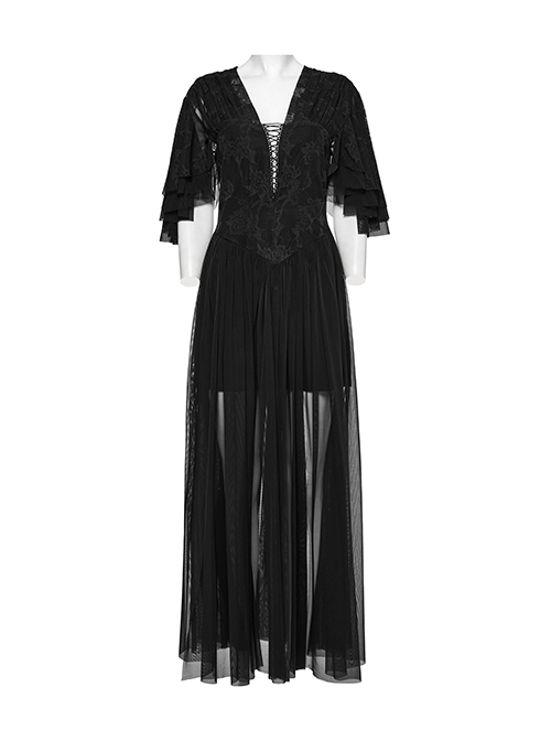 Black Elegant Sexy Deep V Neck Back Drawstring Design Retro Wave Sleeves Gothic Style Dress
