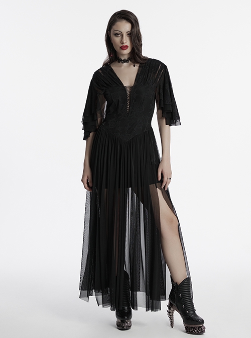Black Elegant Sexy Deep V Neck Back Drawstring Design Retro Wave Sleeves Gothic Style Dress