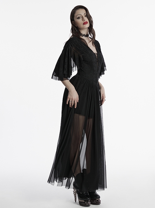 Black Elegant Sexy Deep V Neck Back Drawstring Design Retro Wave Sleeves Gothic Style Dress